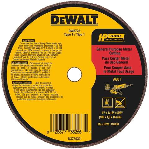 DeWalt High Performance 4 in. D X 5/8 in. Aluminum Oxide Cut-Off Wheel 1 pk