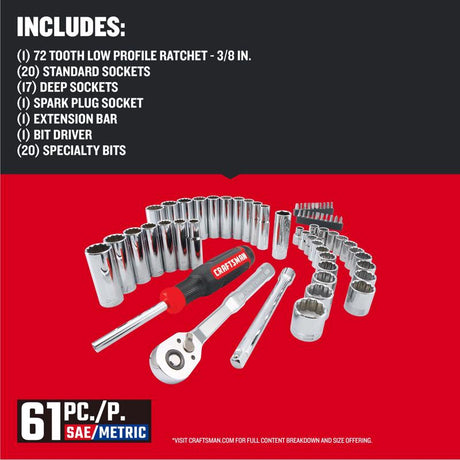 Craftsman 3/8 in. drive Metric and SAE 12 Point Mechanic's Tool Set 61 pc