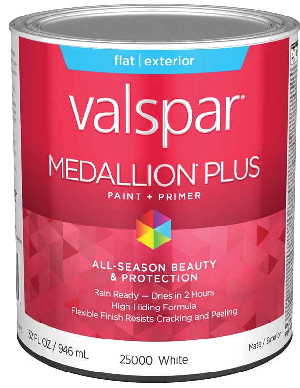Medallion Plus 2500 Series 028.0025000.005 Exterior Paint and Primer, Acrylic, Flat, White, 1 qt Plastic Can, Pack of 4