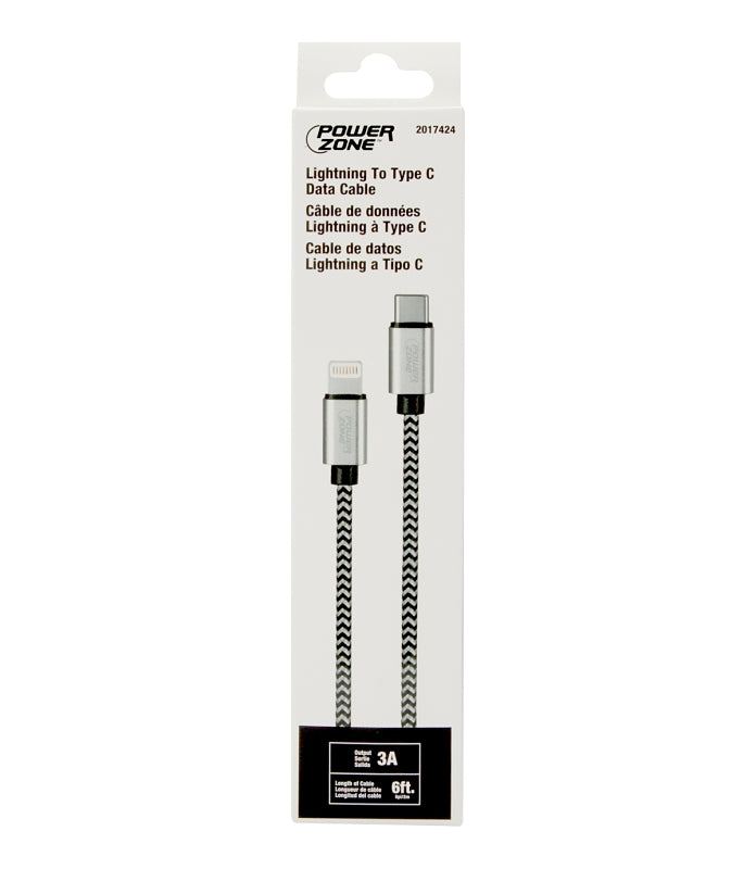 PowerZone KL-029X-2M-LIGHTN Charging Cable, Lightning, Type C, 6 ft L