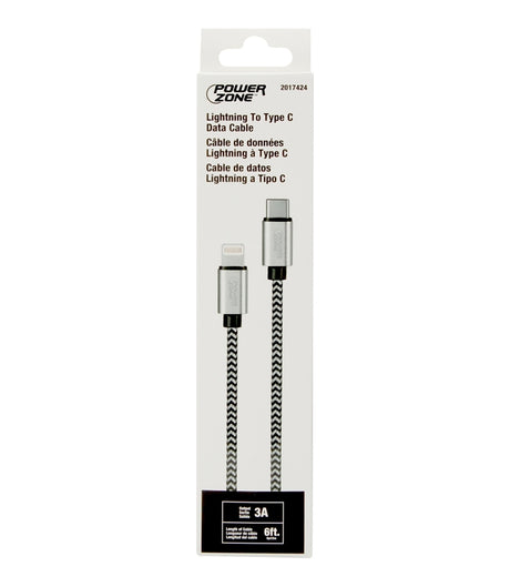 PowerZone KL-029X-2M-LIGHTN Charging Cable, Lightning, Type C, 6 ft L