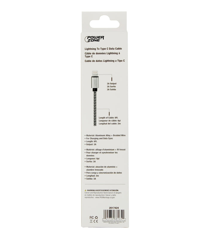 PowerZone KL-029X-2M-LIGHTN Charging Cable, Lightning, Type C, 6 ft L
