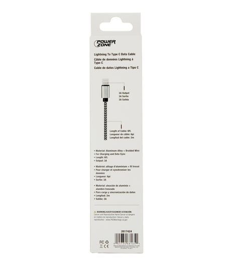 PowerZone KL-029X-2M-LIGHTN Charging Cable, Lightning, Type C, 6 ft L