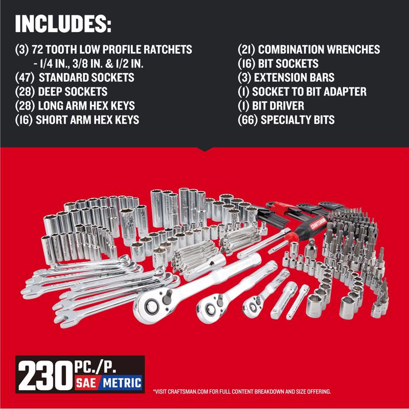 Craftsman Versastack 1/4, 3/8 and 1/2 in. drive Metric and SAE Mechanic's Tool Set 230 pc