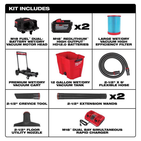 Milwaukee M18 FUEL 0930-22HD 12 gal Cordless Wet/Dry Vacuum Kit (Battery & Charger) 36 V 4.25 HP