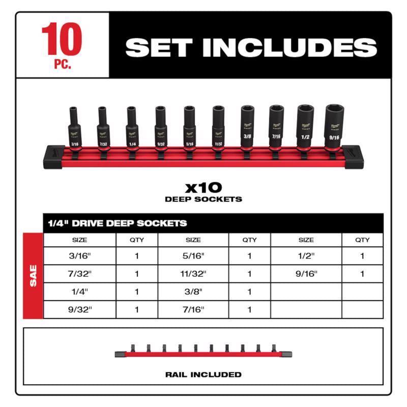 Milwaukee Shockwave 1/4 in. drive SAE 6 Point Impact Rated Deep Socket Set 10 pc