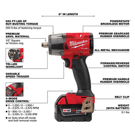 Milwaukee M18 FUEL 1/2 in. Cordless Brushless Mid-Torque Impact Wrench Kit (Battery & Charger)