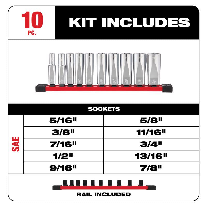 Milwaukee 3/8 in. drive SAE 6 Point Chrome Deep Well Socket Set 10 pc