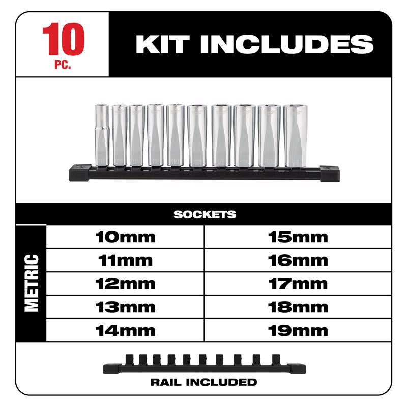 Milwaukee 3/8 in. drive Metric 6 Point Chrome Deep Well Socket Set 10 pc