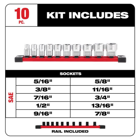 Milwaukee 3/8 in. drive SAE 6 Point Chrome Low Profile Socket Set 10 pc