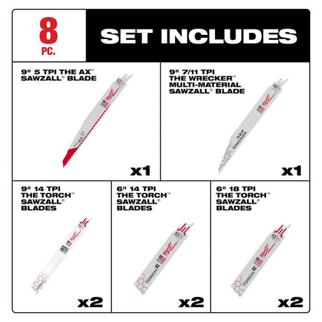Milwaukee Sawzall Wood and Metal Demolition Reciprocating Sawzall Blade Set 8 pc