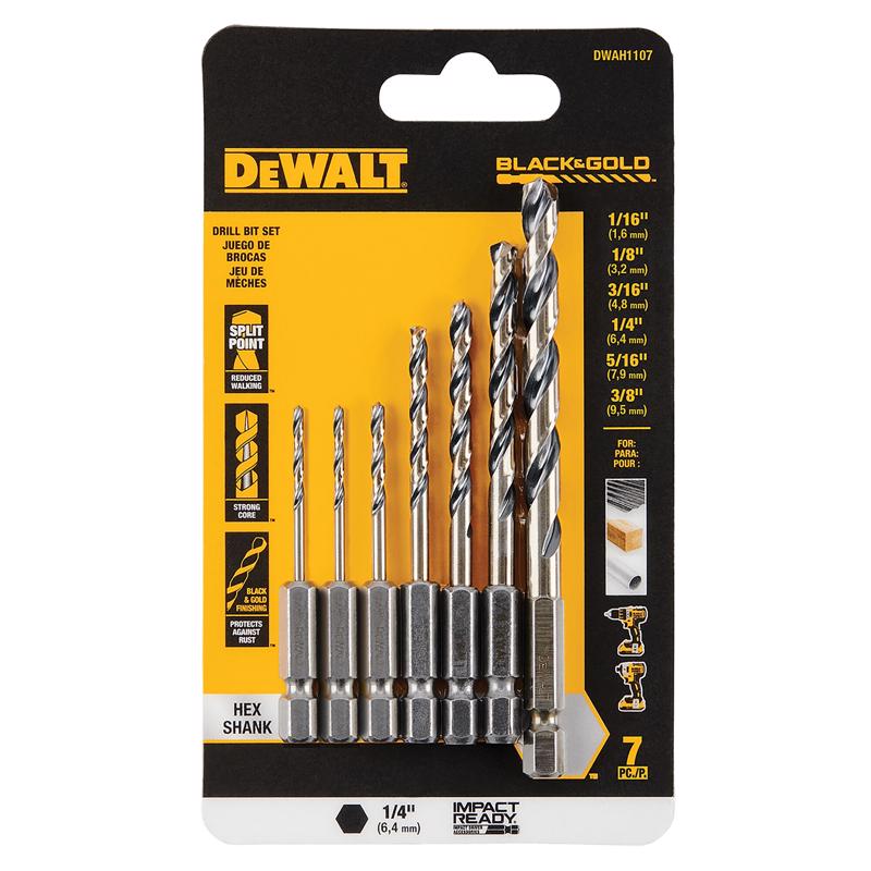 DeWalt Black & Gold High Speed Steel Impact Ready Drill Bit Set Hex Shank 7 pc