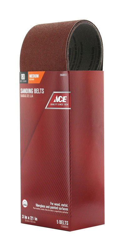 Ace 21 in. L X 3 in. W Aluminum Oxide Sanding Belt 80 Grit Medium 5 pc