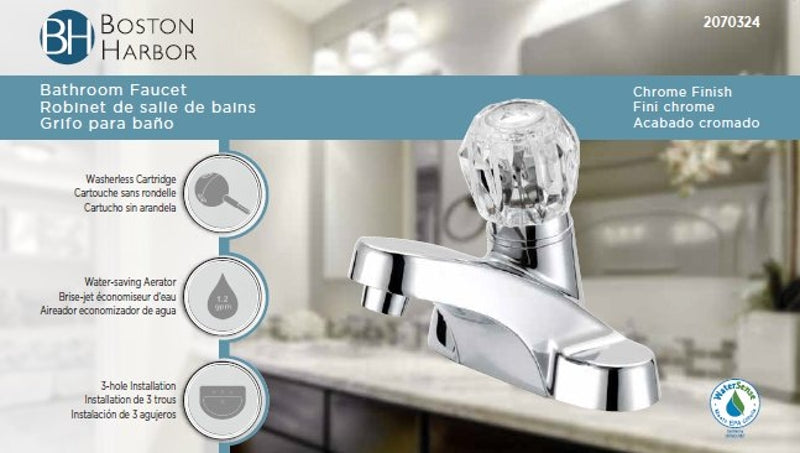 Boston Harbor F4510043CP Lavatory Faucet, 1.2 gpm, 1-Handle, 3-Faucet Hole, Metal/Plastic, Chrome Plated