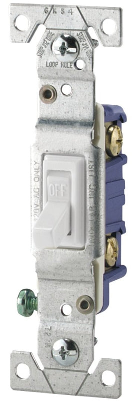 Eaton Wiring Devices 1301-7W Series Toggle Switch, White, 15 A, 120 V, 4.2 in L x 1.3 in W x 1.103 in D Dimension