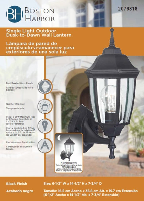 Boston Harbor DTDB Dusk/Dawn Lantern, 60 W, Medium Base Bulb or CFL Bulb(Sold Separately) Lamp, Aluminum Fixture