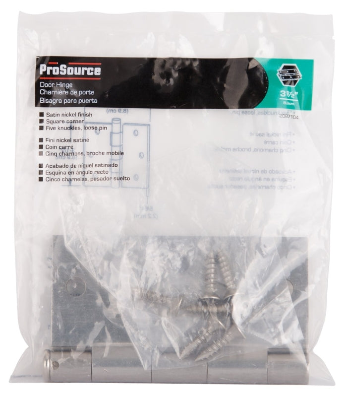 ProSource 20338SNX Square Corner Door Hinge, Steel, Satin Nickel, Loose Pin, 180 deg Range of Motion