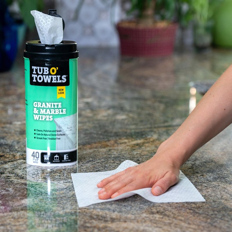 Tub O'Towels TW40-GR Granite and Marble Cleaning Wipes, 8 in L, 7 in W, 1-Ply, Mild, Polypropylene