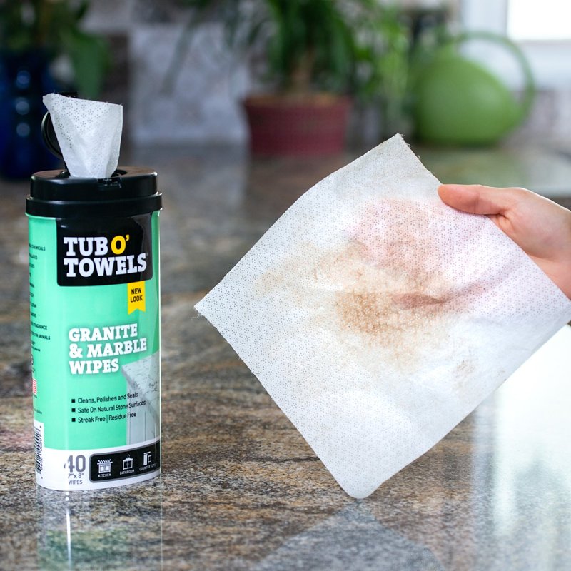 Tub O'Towels TW40-GR Granite and Marble Cleaning Wipes, 8 in L, 7 in W, 1-Ply, Mild, Polypropylene