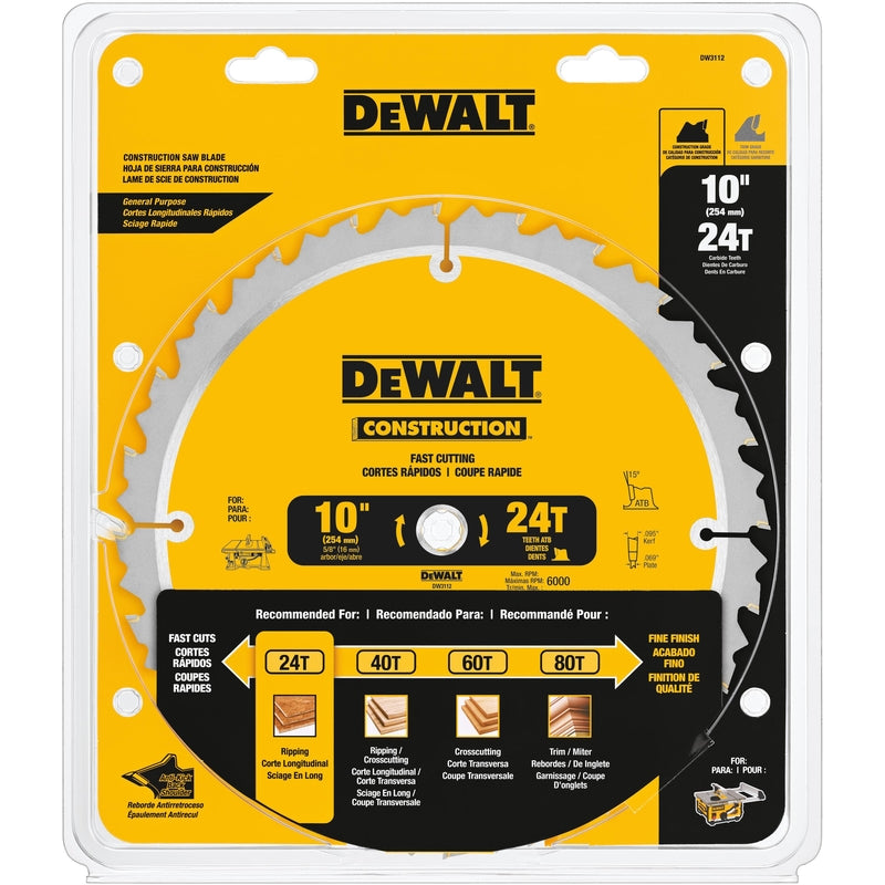 DeWALT DW3112 Saw Blade, 10 in Dia, 5/8 in Arbor, 24-Teeth, Carbide Cutting Edge