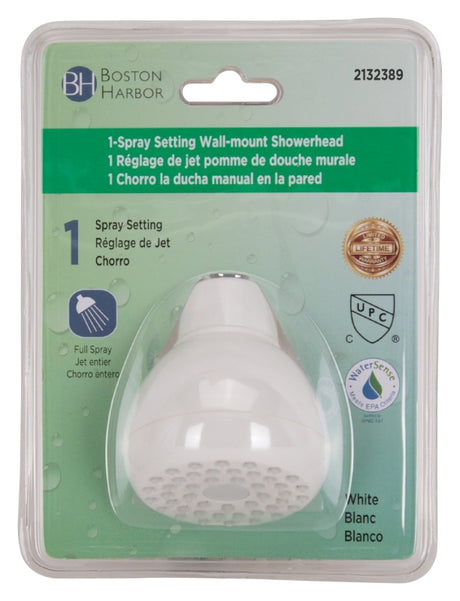 Boston Harbor B11041WH Shower Head, 1.75 gpm, 1/2-14 NPT Connection, Threaded, 1-Spray Function, Plastic, White