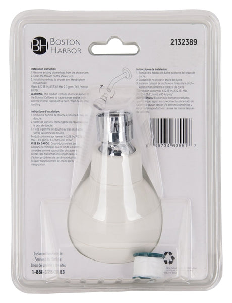 Boston Harbor B11041WH Shower Head, 1.75 gpm, 1/2-14 NPT Connection, Threaded, 1-Spray Function, Plastic, White
