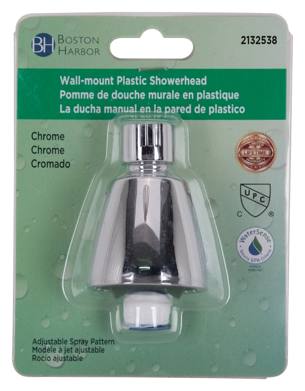 Boston Harbor B11204CP Shower Head, 1.75 gpm, 1/2-14 NPT Connection, Threaded, 1-Spray Function, Plastic, Chrome
