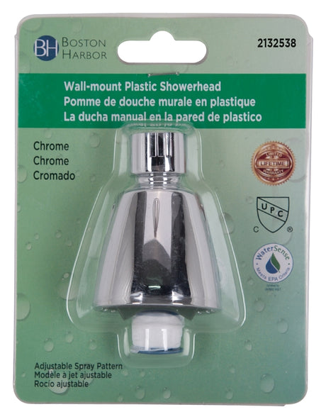 Boston Harbor B11204CP Shower Head, 1.75 gpm, 1/2-14 NPT Connection, Threaded, 1-Spray Function, Plastic, Chrome
