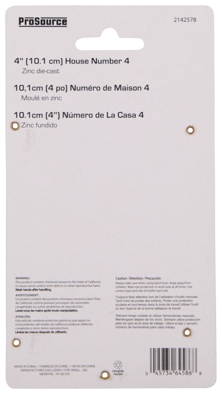ProSource N-Z044PB3L-PS House Number, Character: 4, 4 in H Character, 2.28 in W Character