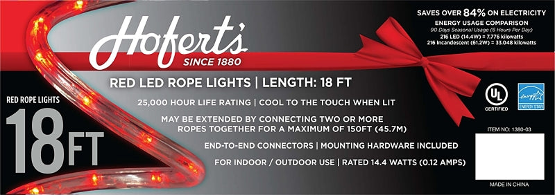 Hometown Holidays 1380-03 Rope Light, 18 ft L, 120 V, 144-Lamp, Red Light, LED Lamp