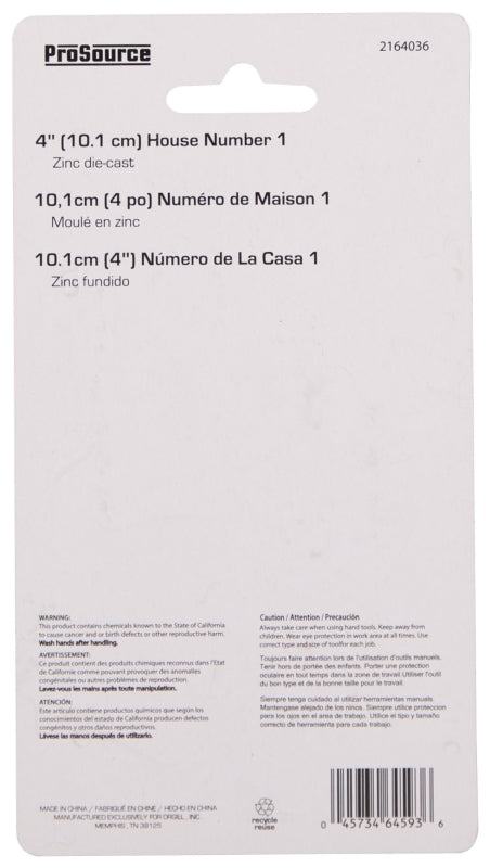 ProSource N-Z041SN-3L-PS House Number, Character: 1, 4 in H Character, 1.1 in W Character