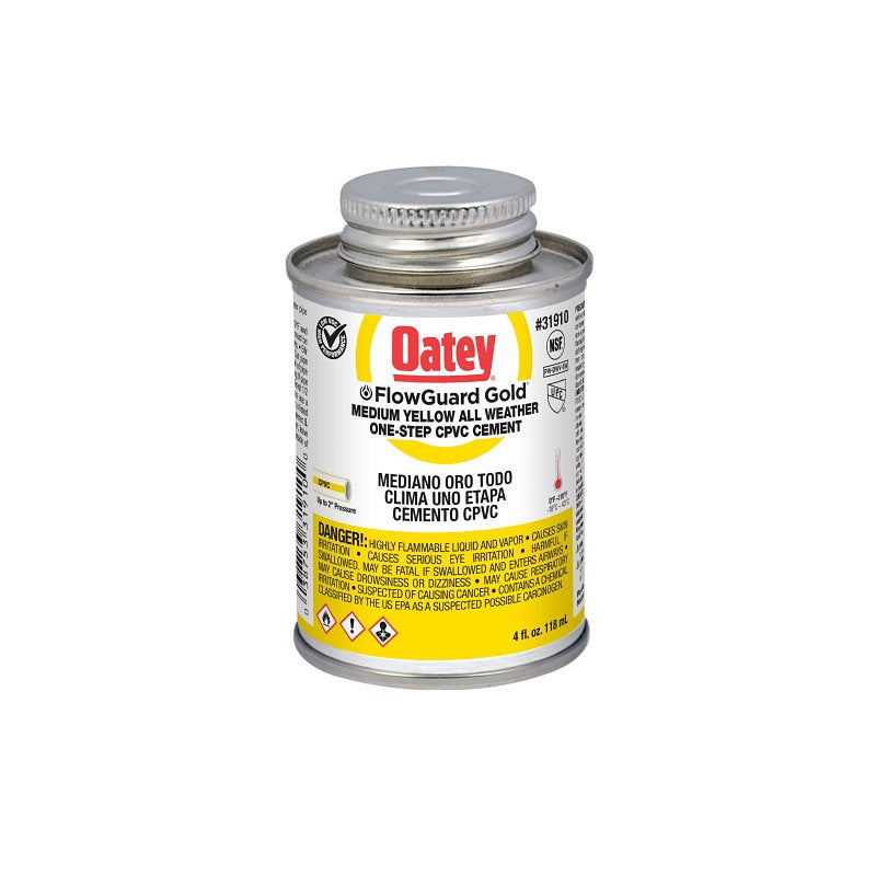 Oatey FlowGuard Gold 31910 1-Step All Weather Fast Set Cement, 4 oz Can, Liquid, Yellow