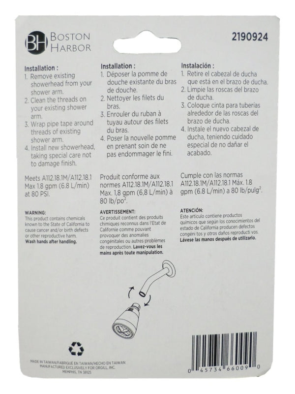 Boston Harbor PP6881320 Shower Head, Round, 1.8 gpm, 1/2-14 NSPM Connection, Threaded, ABS, 1-3/4 in Dia