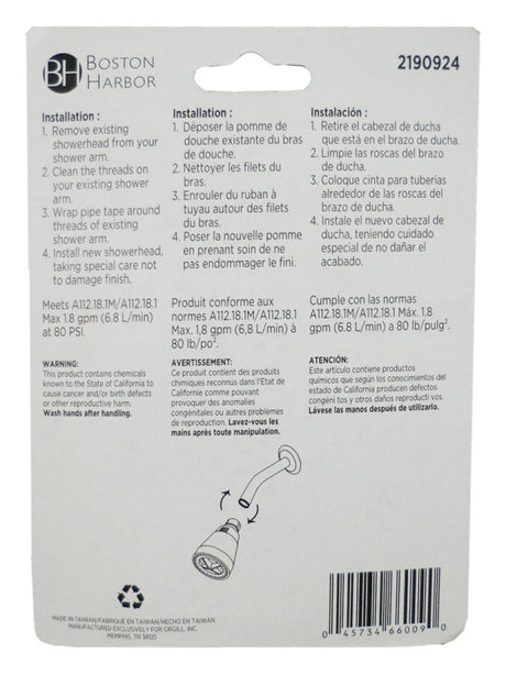 Boston Harbor PP6881320 Shower Head, Round, 1.8 gpm, 1/2-14 NSPM Connection, Threaded, ABS, 1-3/4 in Dia