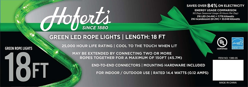 Hometown Holidays 1380-05 Rope Light, 18 ft L, 120 V, 144-Lamp, Green Light, LED Lamp
