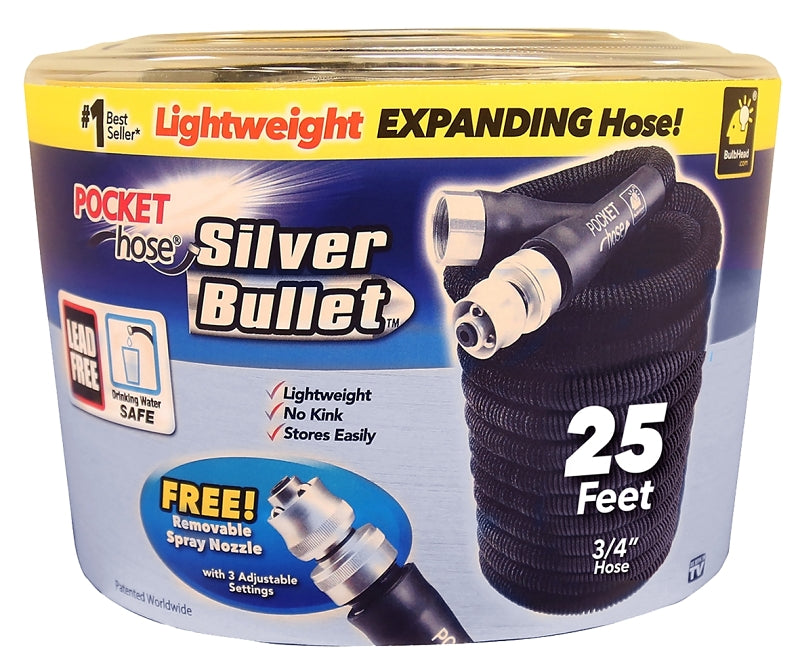 Pocket Hose Silver Bullet 17824-6 Expanding Garden Hose, 3/4 in, 25 ft L, Plastic, Black