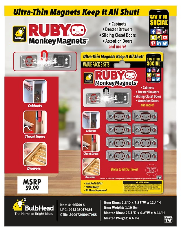 TELEBrands Ruby 16562-8 Monkey Magnet, Iron, Red/Silver