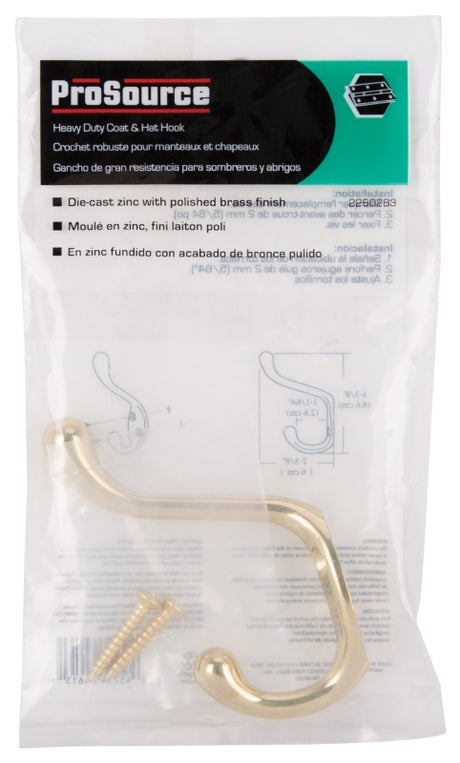 ProSource H6271007PB-PS Coat and Hat Hook, 22 lb, 2-Hook, 1-1/64 in Opening, Zinc, Polished Brass