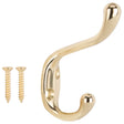 ProSource H6271007PB-PS Coat and Hat Hook, 22 lb, 2-Hook, 1-1/64 in Opening, Zinc, Polished Brass