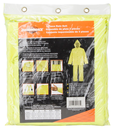 Diamondback OX025PU-XXL Rain Suit, 2XL, 31 in Inseam, Polyester, Hi-Viz Yellow, Comfortable Oxford Polyester Collar