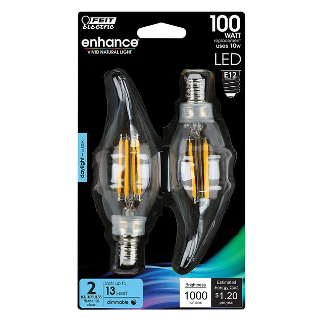 Feit Electric BPCFC100950CAFIL/2 LED Light Bulb, 1000 Lumens, 10 W, Bent Tip Lamp, 100 W Equivalent, Dimmable, Clear