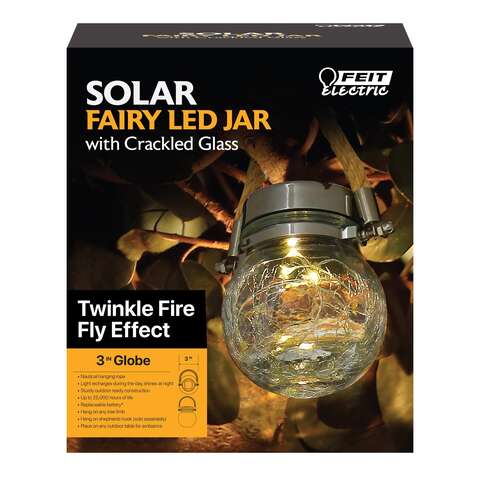 Feit Solar Fixtures 3.7 in. Solar Power Glass Round Coach Lantern Clear Crackle Jar w/Fairy Lights, Pack of 3