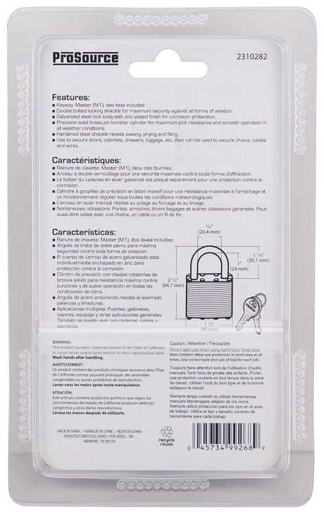 ProSource HD00012-3L Padlock, Standard Shackle, 1/4 in Dia Shackle, 1-1/4 in H Shackle, Steel Shackle, Steel Body