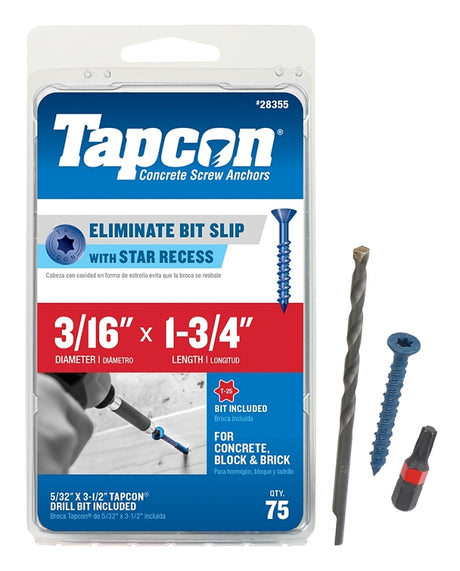 Tapcon 28355 Concrete Screw Anchor, T25 Screw, 3/16 in Dia, 1-3/4 in L, Steel, Climaseal, 75/PK