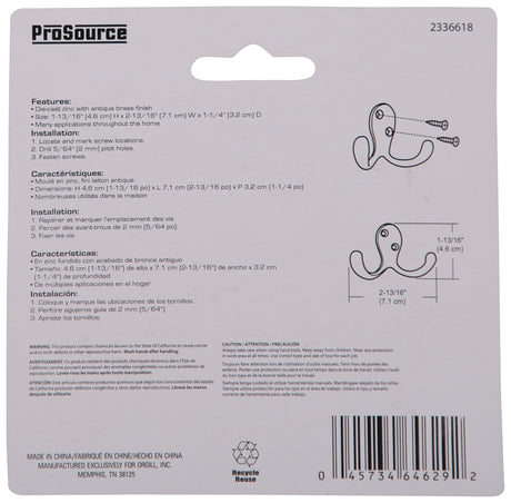 ProSource 23263ABB3L-PS Coat and Hat Hook, 22 lb, 2-Hook, 7/8 in Opening, Zinc, Antique Brass