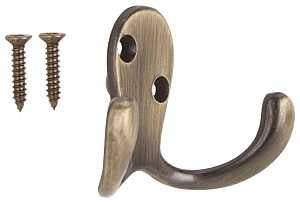 ProSource 23263ABB3L-PS Coat and Hat Hook, 22 lb, 2-Hook, 7/8 in Opening, Zinc, Antique Brass