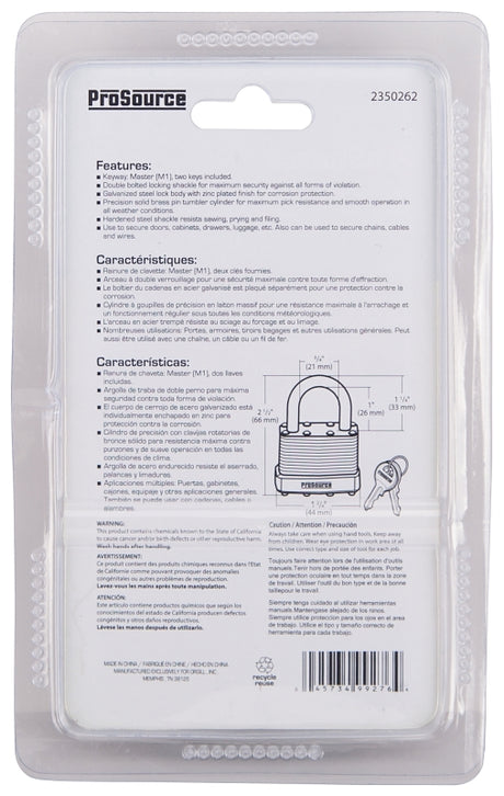 ProSource HD00028-3L Padlock, Standard Shackle, 9/32 in Dia Shackle, 1-1/4 in H Shackle, Steel Shackle, Steel Body