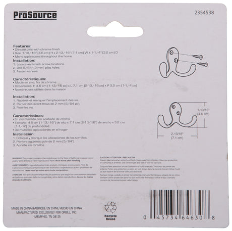 ProSource 23263CHB3L-PS Coat and Hat Hook, 22 lb, 2-Hook, 7/8 in Opening, Zinc, Chrome