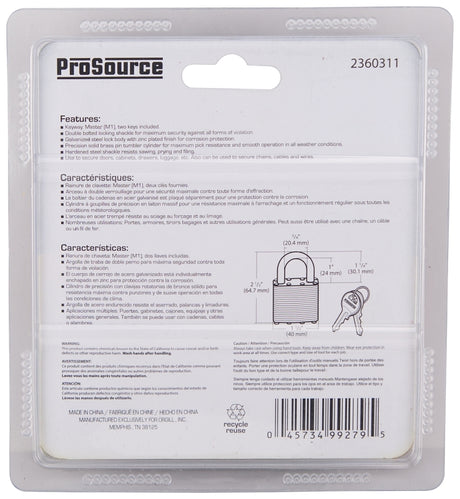 ProSource HD00012-D-3L Padlock Set, Standard Shackle, 1/4 in Dia Shackle, 1-1/4 in H Shackle, Steel Shackle, Steel Body