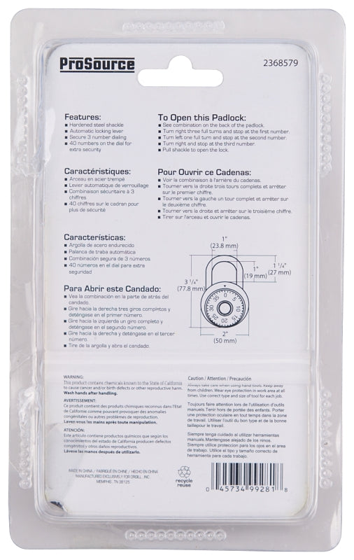 ProSource HD6147763-3L Padlock, Standard Shackle, 1/4 in Dia Shackle, 1-1/4 in H Shackle, Steel Shackle, Steel Body